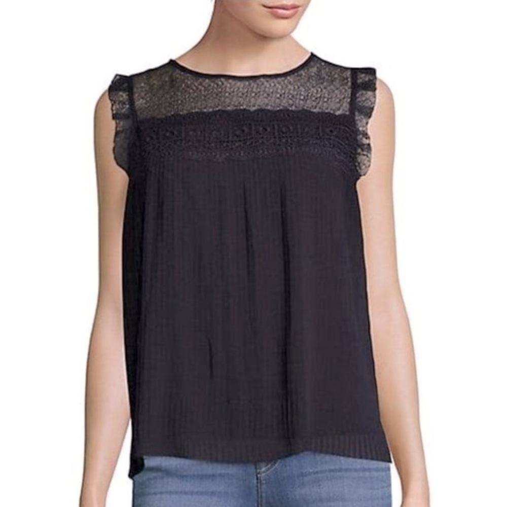 🇪🇸🐠Nanette Lapore blouse pleated lace navy blue lined keyhole back XS